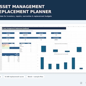May include: An IT Asset Management & Replacement Planner Excel template dashboard featuring data tables, bar charts, and summary metrics for inventory, repairs, warranties, and replacement budgets. The interface includes blue and white colour schemes.