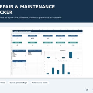 May include: An IT Repair & Maintenance Tracker Excel template dashboard featuring data tables, bar charts, and key performance indicators for tracking repair costs, downtime, vendor performance, and preventive maintenance schedules.