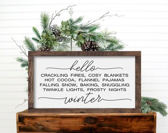 Hello Winter Handmade Home Decor Sign, Winter Holiday Rustic Framed Sign, Christmas Wall Decoration