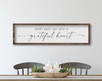 Start Each Day With A Grateful Heart Sign, Farmhouse Kitchen Wood Sign, Large Wooden Sign, Living Room Wall Decor, Kitchen Wooden Sign