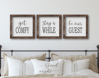 Stay Awhile Signs, Guest Room Wall Art, Be Our Guest, Get Comfy, Guest Room Wall Decor, Guest Room Quote, Guest, Above The Bed Decor