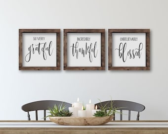 Grateful, Thankful, Blessed Wood Signs, Wood Signs Kitchen, Farmhouse Kitchen Signs, Kitchen Wall Decor, Signs For Home, Framed Signs