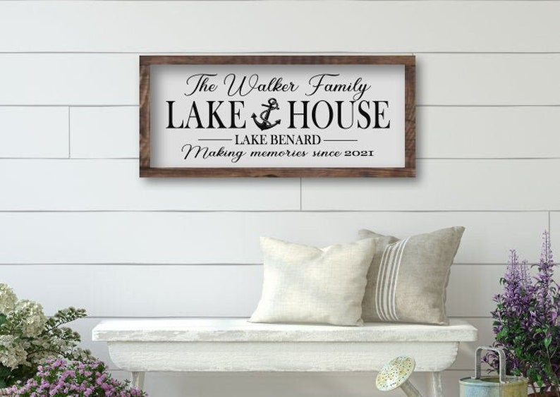 Custom Family Lakehouse Wooden Sign, Vacation Home Decor, Wood Personalized Lake Framed Sign, Lake Home Interior Wall Decor, Wood Sign image 1