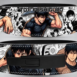 May include: A black belt featuring a manga-style graphic print of the character Toji Fushiguro. The design includes multiple panels with black and white illustrations, text bubbles, and a black buckle. The name TOJI FUSHIGURO is printed in white.
