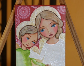 Original painting on wood, Mothers are Angels , 6 x 9 inch, Mixed Media Folk Art by Evona