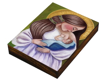 St The Nursing Madonna, Young Mother with Baby Catholic gift, Art Painting, Print On the Wood Panel, Wall Decore by Evona