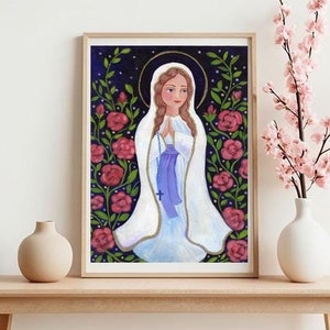 Our Lady of Lourdes, The Virgin Mary of Lourdes, Blesses Virgin Mary, Catholic Art Print, Religious Gift Wall Decor, Confirmation Present,