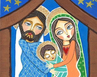 Folk Art  Painting, Holy Family, Print, Christian gift, first communion, confirmation, Mixed Media, Children Wall Decore by Evona