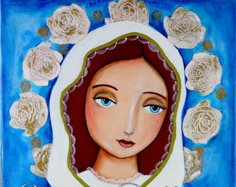 Vergine Immaculata, Madre di Grazia, Rosa Mistica , Print on Wood, Print 8x 10in, Mixed Media, Wall Decor by Evona