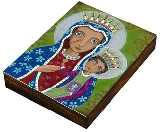 Folk Art  Painting, Black Madonna, Print on Wood Panel, Mixed Media, Catholic Gift, Confirmation Present, Evona Gallery