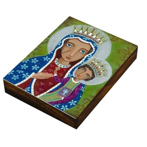 Folk Art  Painting, Black Madonna, Print on Wood Panel, Mixed Media, Catholic Gift, Confirmation Present, Evona Gallery