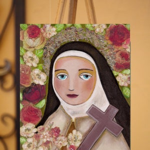 Original painting on wood, &quot;Saint Therese of Lisieux, the Little Flower&quot; by Evona, 6 x 9 inch, Mixed Media Folk Art by Evona