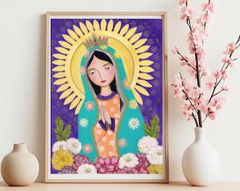 La Virgen Morena Guadalupe Arte popular religioso mexicano Nuestra Señora de Guadalupe Impresión de la madre Decoración de pared, Arte católico, Regalo religioso Decoración del hogar