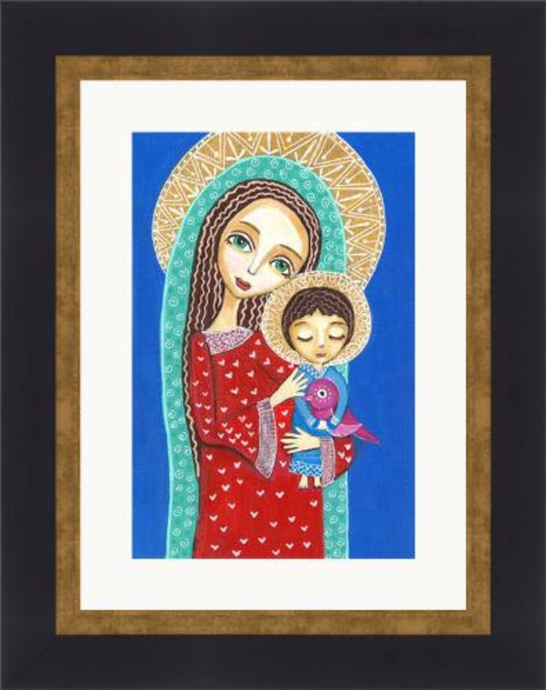 Folk Art  Painting Jesus with Bird Print Mixed Media Wall image 1