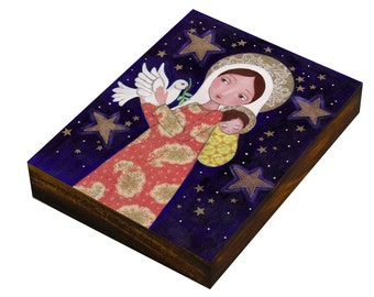 Regalo católico: Virgen con el Niño, placa con icono, retrato de santo, lámina artística, Virgen María, decoración de pared, arte del Niño Jesús, grabado en madera