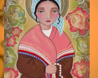 St Bernadette, Folk art, Original Mixed Media Painting on Wood Panel 8 x 10 inch (20.5 x 25.5 cm) by Evona