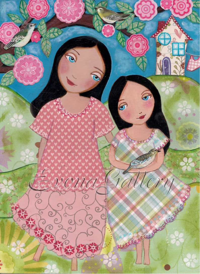 Folk Art  Painting Mom and Me Print  8x 10 in Mixed Media image 0