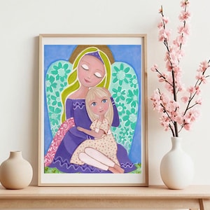 Guardian Angel with a Girl, Angel Artwork, Angel Icon, Religious Poster, Print, Catholic art, Art Print First Communion Wall Decor by Evona