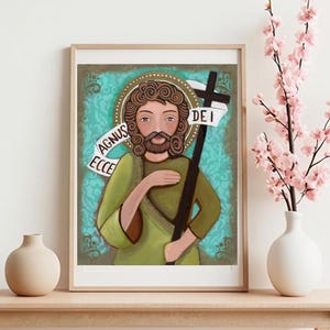 Juan el Bautista, Juan el Bautista, Regalo de bautismo, Retrato de santo, Impresión religiosa, Impresión de arte original, Técnica mixta, Arte popular, Decoración de pared