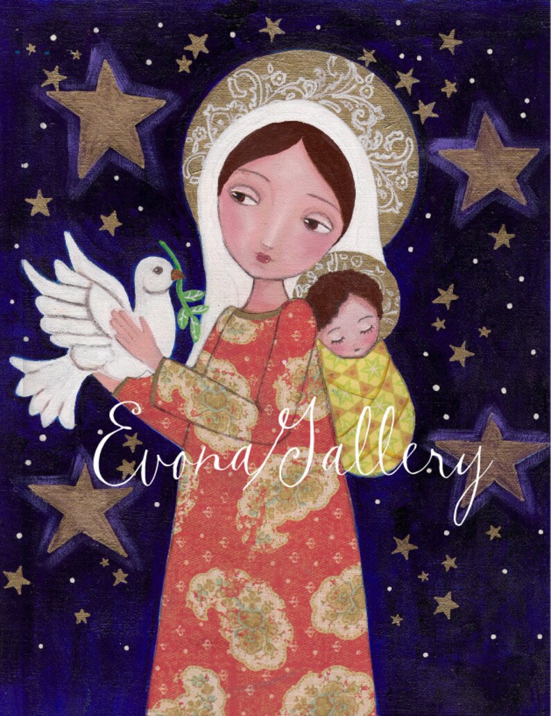 Madonna with Child and Dove  Print Of Original Art Mix image 0