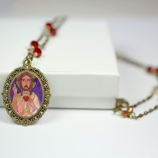 Jewelry Handmade Art Pendent Necklace "The Sacred Heart of Jesus", Beautiful Vintage Cabochon Style Pendant by Evona