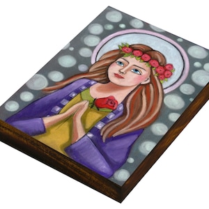 St. Dorothy Art Print Catholic Patron Saint of Gardeners, Icon, Wood Plaque, Artwork on Wood Panel, Folk Art, Wall Decore by EvonaGallery