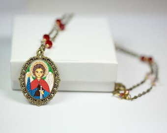 Jewelry Handmade Art Pendant Catholic Necklace St. Michael the Archangel Medal Vintage Antique Cabochon Style Pendant by Evona