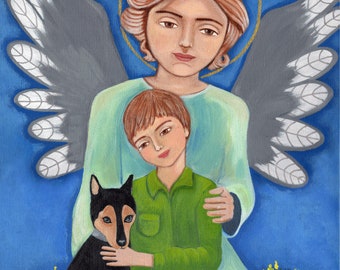 Order your own Commission Guardian angel with child, adult or pet portrait 14 inches x 18 inches.