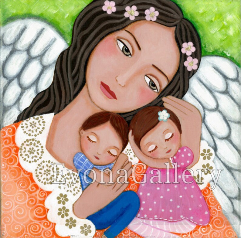 Folk Art  Painting Angel's Love  Print  Mixed Media image 0