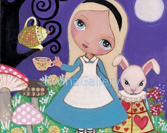 Mixed Media, Alice in Wonderland print, Folk Art, Girls Painting, Wall Decore by EvonaGallery