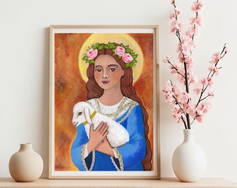 Santa Inês de Roma com Cordeiro, Santa Inês Mártir, Padroeira da Impressão Católica, Arte Religiosa, Presente de Santa, Presente de Confirmação, Decoração de Parede