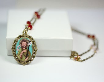 Jewelry Handmade Art Pendent Necklace "John the Baptist", Beautiful Vintage Cabochon Style Pendant by Evona