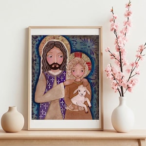 Sint-Jozef en jonge Jezus Christus, Sint-Jozef met Jezus gedrukte poster, christelijke muurkunst, Sint-Jozefkunst, foto baby Jezus, San Jose
