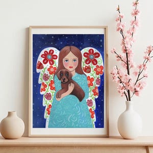 Angel Portrait Art Print, Folk Art Painting, Acrylic Painting, Wall Decor Guardian Angel, Dog Portrait, Dog in Heaven, by Evona Gallery