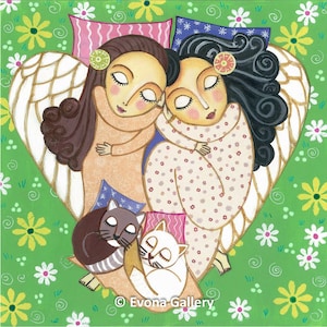 Folk Art  Painting, Sleeping Angels 1, Print  8x8 inches, 19.5x19.5cm, Mixed Media, Wall Decore by Evona