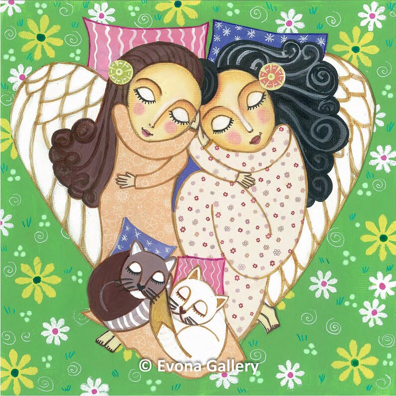 Folk Art Painting, Sleeping Angels 1, Print 8x8 inches, 19.5x19.5cm, Mixed Media, Wall Decore by Evona image 1