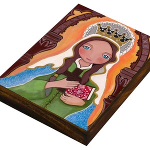 Volkskunst, St. Margaretha van Schotland, prent gemonteerd op hout, wanddecoratie door Evona Gallery