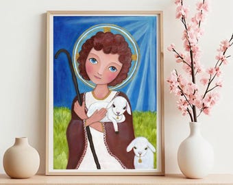 Kind König Jesus religiös, Christuskind, katholische Kunstmalerei, der gute Hirte, Jesuskind, religiöse Kunst, Wanddekor by Evonagallery