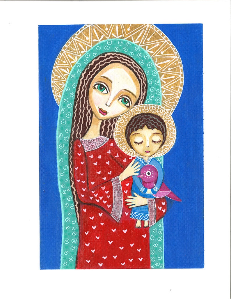 Folk Art  Painting Jesus with Bird Print Mixed Media Wall image 0