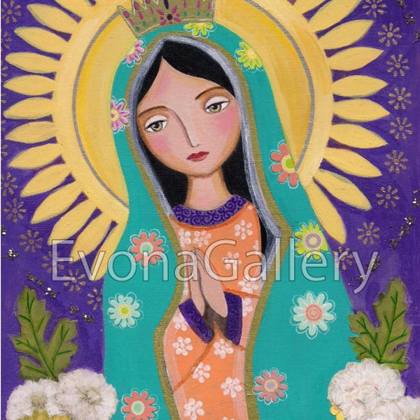 La Virgen Morena Guadalupe Our Lady of Guadalupe mother print wall decor gift present painting love folk art Mixed Media by Evona