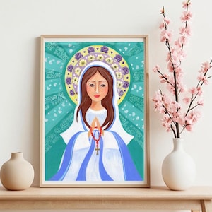 Our Lady of Lourdes & St. Bernadette Soubirous Grotto Apparition Picture Art Print, Catholic Gift, Catholic Art Saint Portrait, EvonaGallery