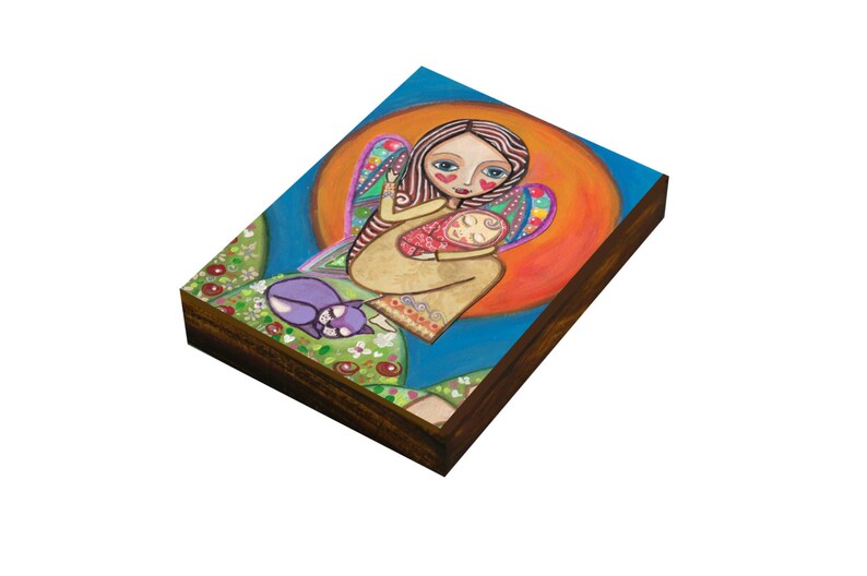 Folk Art Guardian Angel   Print mounted on Wood Panel size image 0