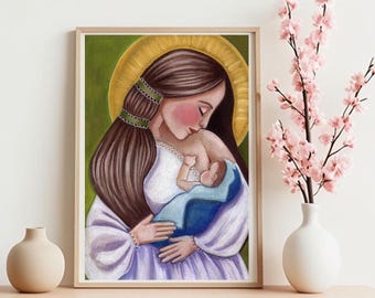 授乳中の聖母子のプリント、聖母子のキリスト教美術ポスター、イラスト、カトリックのアートワーク宗教的な壁装飾、自宅やギフト用