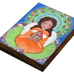 Catholic Folk Art Painting &quot;Home Protector&quot; Religious Icon, Art Wood Panel, Wood Block Gift, Confirmation Wood Plaque Gift Christian Decore