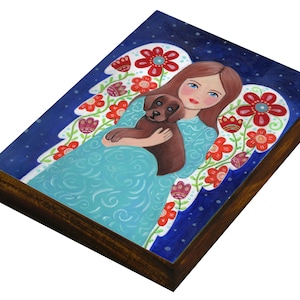 Angel with the Dog, Guardian Angel, Dog Picture, Wood Plaque, Wood Block, Religious Icon, Gift for Her, Angel Art Wood Block