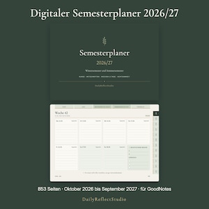 Puede incluir: Un planificador semestral digital 2026/27 con una cubierta verde oscuro que presenta un icono de trigo y el texto Digitaler Semesterplaner 2026/27. La vista interior muestra un diseño semanal para la semana 42 con secciones rayadas para notas.
