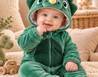 Baby Dinosaur Hooded Footed Jumpsuit, Green Long Sleeve Zip-Up Onesie