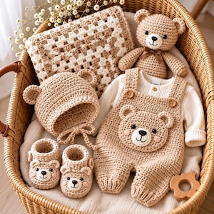 Pode incluir: Um conjunto de bebé em crochet bege que inclui uma jardineira com botões de madeira, um gorro com orelhas de urso, sapatinhos com caras de urso, um urso de peluche e uma manta quadrada, tudo disposto dentro de um cesto de vime.