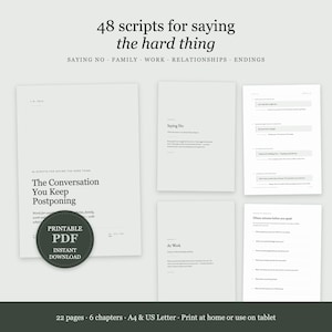 Guiones para conversaciones difíciles en PDF, Cómo establecer límites en el trabajo familiar, Cuaderno de comunicación imprimible, Guía de asertividad, Formatos A4 y Carta