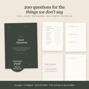Könnte beinhalten: Ein digitales Dokumentenset mit dem Titel 200 questions for the things we don't say, bestehend aus einem dunkelgrünen Deckblatt und vier weißen Innenseiten mit linierten Schreibbereichen. Der Text umfasst Quiet Questions, Fear, Anger, Boundaries, Self-Worth, Letting Go, 94 pages, 10 chapters, A4 & US Letter, print at home or use on tablet.